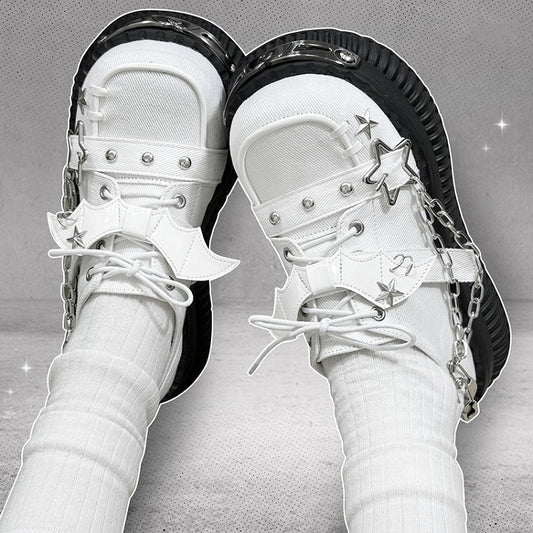 Star-shaped Studs and Chains Gothic White Bat Wings Platforms Punk Shoes