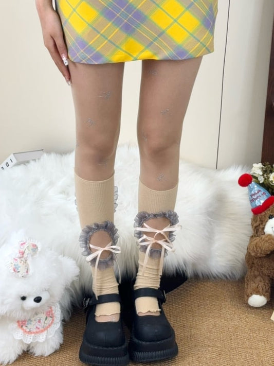 Nude Y2K Bowknot Pattern Semi-sheer Tights
