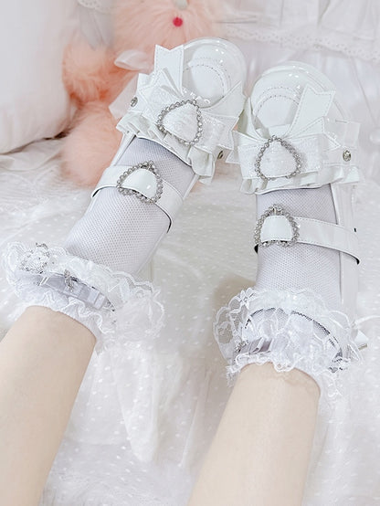 Jirai Kei Polished White Rhinestone Heart Decorated Lace-up Details Platform High Block Heels