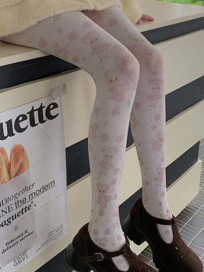 White Sweet Bear Heart Print Tights