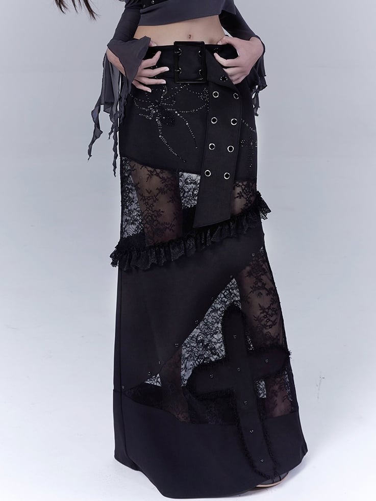 Black Low Waist Lace Patches Cross Applique Punk Skirt with Buckle Belt