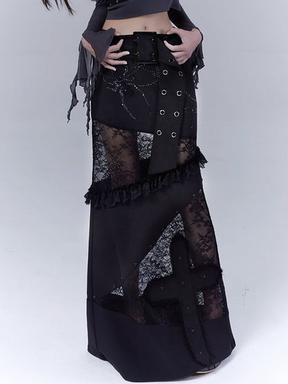 Black Low Waist Lace Patches Cross Applique Punk Skirt with Buckle Belt