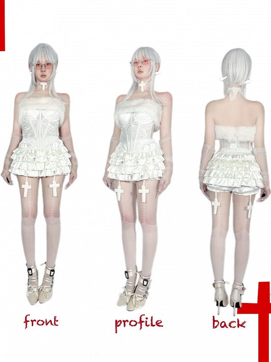 Gothic White Plush Neckline Butterfly Embroidery Semi-sheer Boned Corset