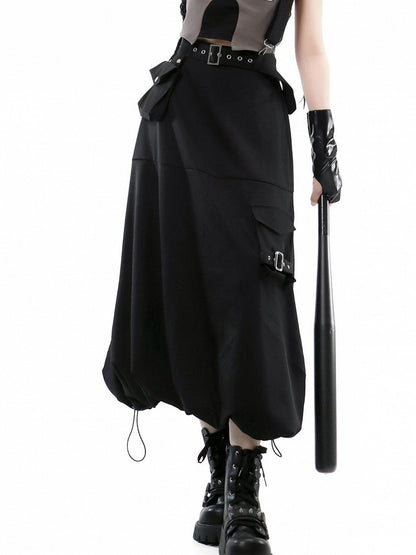 Black Futuristic Techwear Bubble Skirt with Cargo Pockets