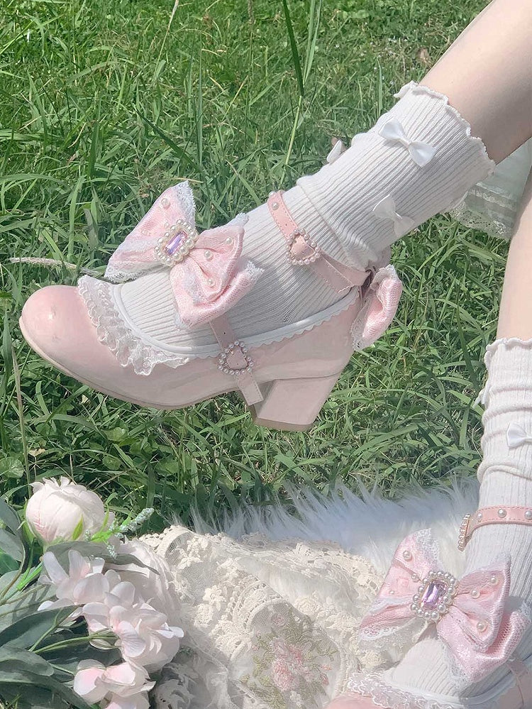 Polished Dusty Pink Detachable Rhinestone And Beaded Decorated Bowknot Lace Trim 4.5CM Block Heels Shoes