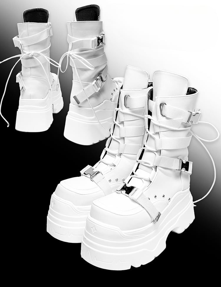 Matte White Punk Stud Bandage Design Lace-up Details Platform Boots