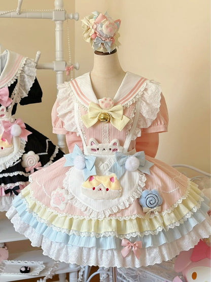 Pastel Color Sailor Collar Sweet Kitty Maid Lolita Dress with Heart Apron