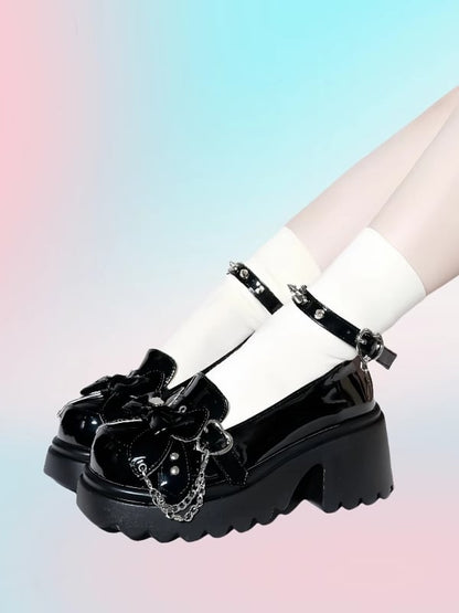 Black Punk Bowknot Decorated Butterfly Heart Buckles Studs Details Platforms