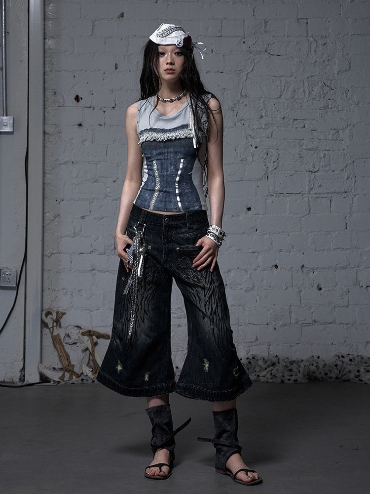 Blue/Yellow Faded Wash Distressed Holes Angel Wing Embroidery Vintage Punk Wide-leg Jeans