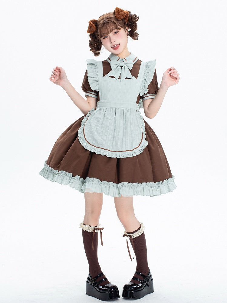 Brown and Mint Green Kitty Maid Lolita Short Puff Sleeves Dress + Apron