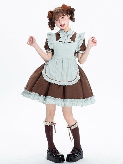 Brown and Mint Green Kitty Maid Lolita Short Puff Sleeves Dress + Apron