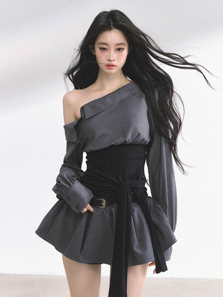 Black Asymmetrical Neckline Shirt with Corset Belt