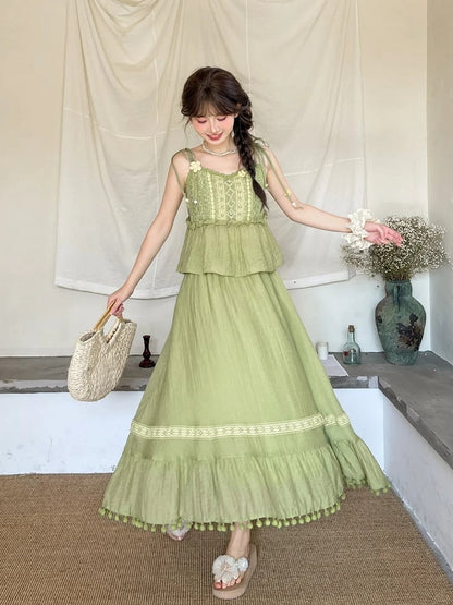 Mori Kei Green Knitted Floral Accents Cami Top