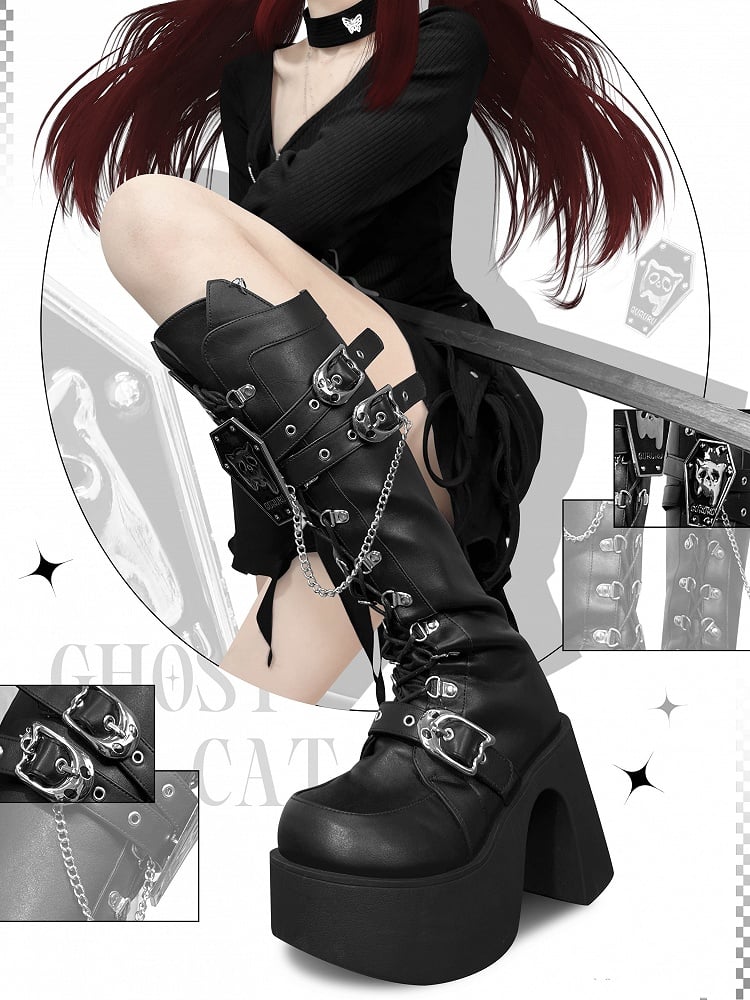 Ghost Cat Black High Block Heel Boots with Detachable Chain