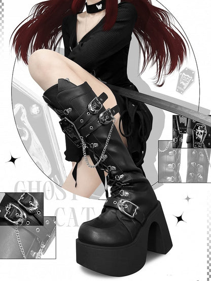 Ghost Cat Black High Block Heel Boots with Detachable Chain