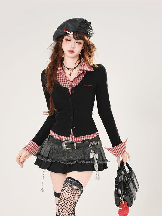Red Plaid and Black Faux Two-pieces Slim-fitting Top