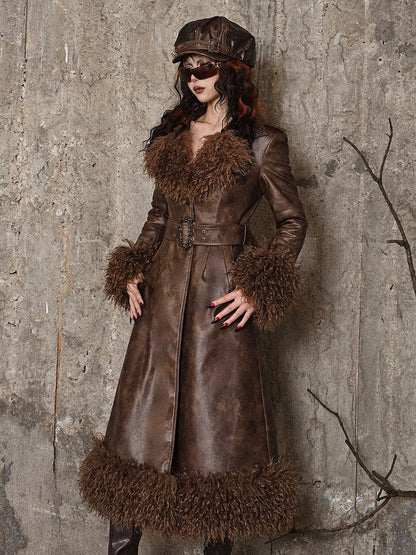 Brown Vintage Mailard Winter Padded Coat PU Leather Fabric