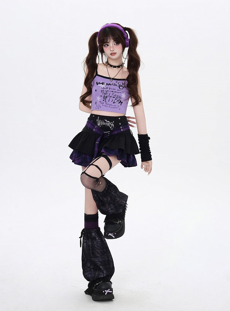 Y2K Black and Purple Plaid Buckle Belt Design Lined Tiered Skirt with Cross Garter