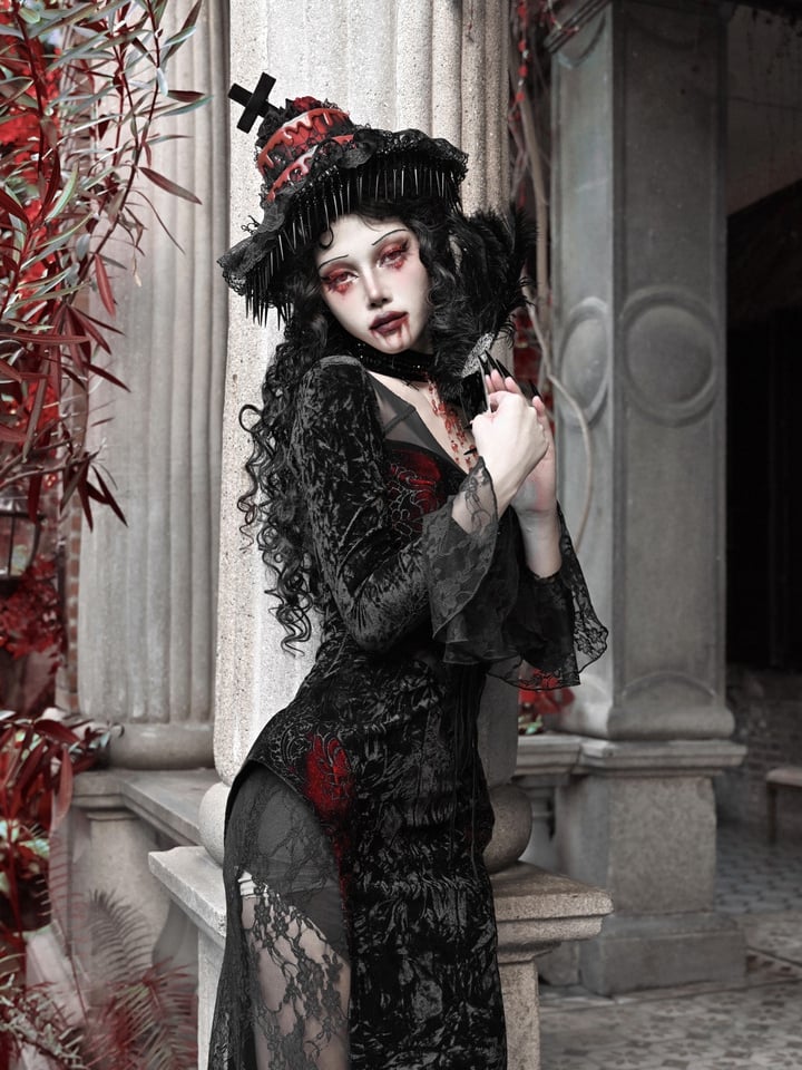 Bat Wings Shaped Neckline Romantic Goth Vampire Dress Velvet and Lace Mermaid Dress