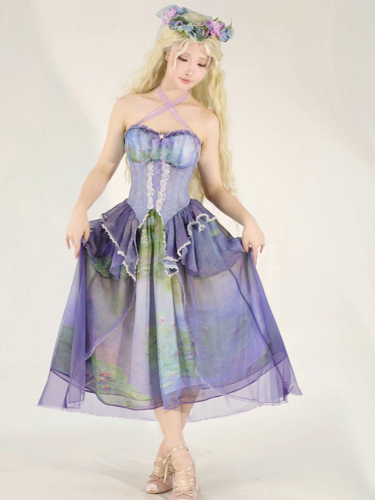 Purple Fairy Oil Painting Print Tiered Flounce Hem Halter Boned Corset Top