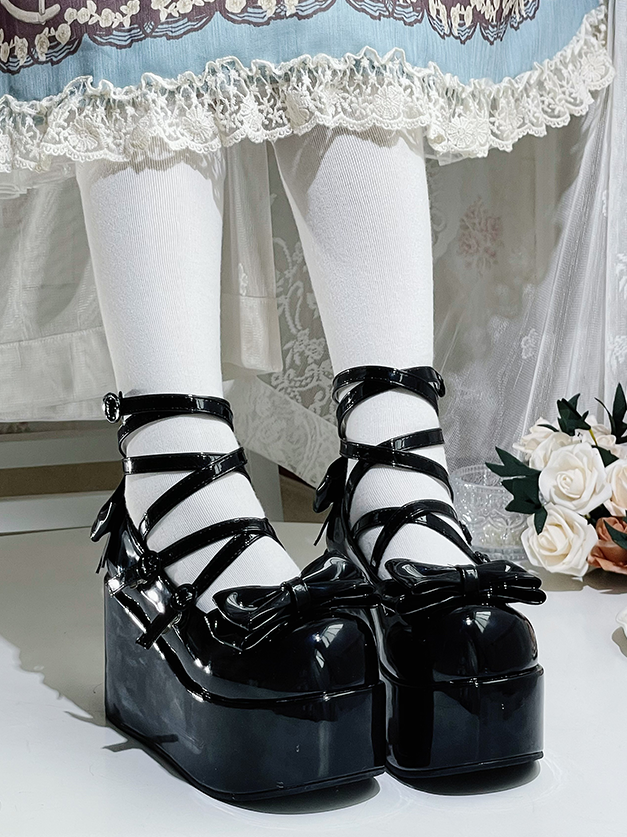 Black Bowknot Buckle Straps Round Toe Platform Lolita Shoes
