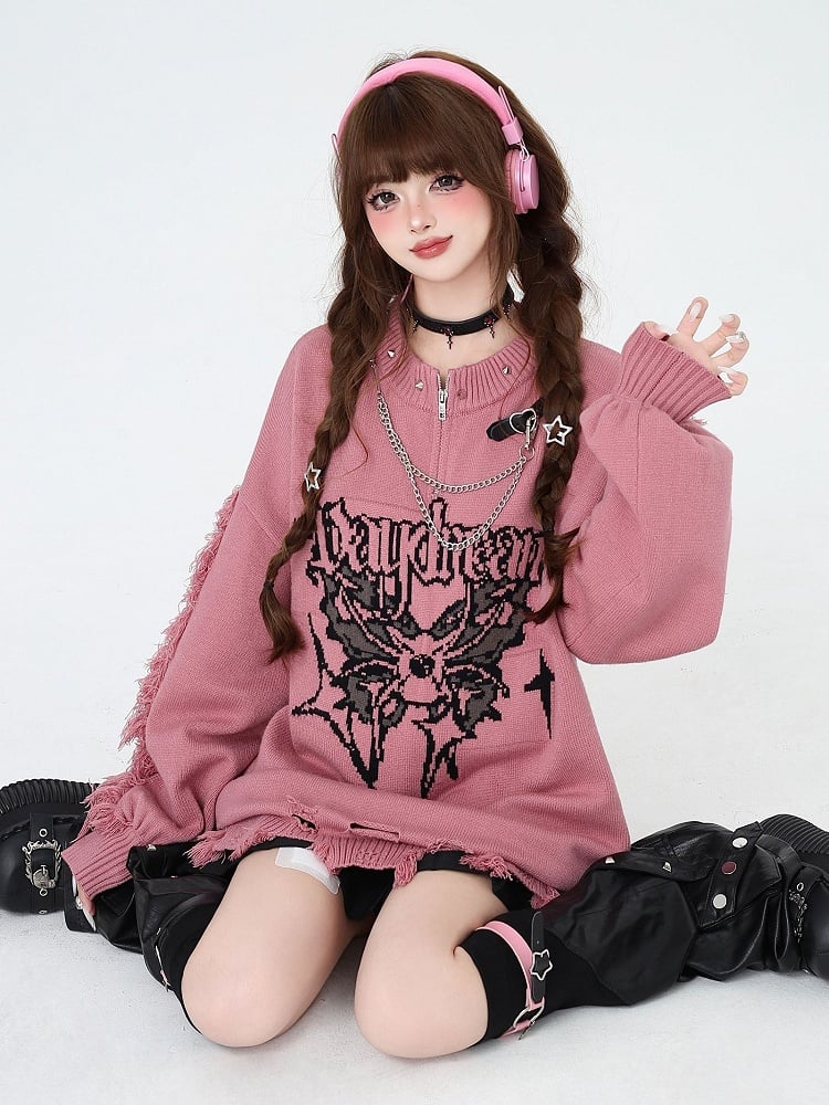 Rose Pink Gothic Distressed Holes Butterfly Sweater with Studs and Chains