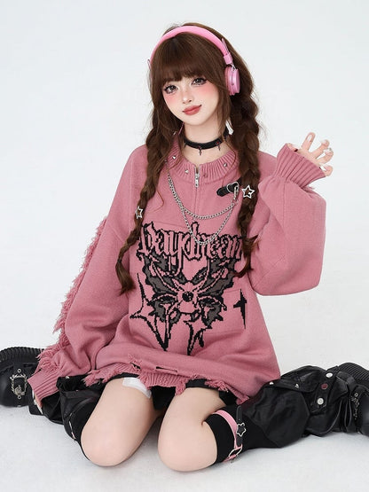 Rose Pink Gothic Distressed Holes Butterfly Sweater with Studs and Chains