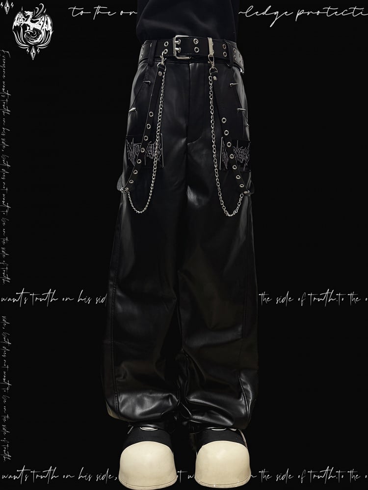 Black Punk Letter Applique Straight-leg Cut Pants