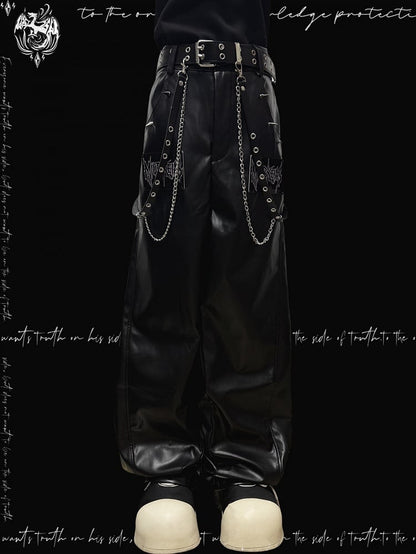 Black Punk Letter Applique Straight-leg Cut Pants