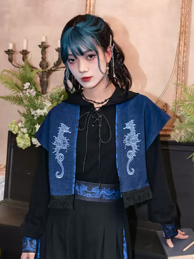 Seahorse Embroidery Tassel Hem Open Placket Blue Cheongsam Style Top