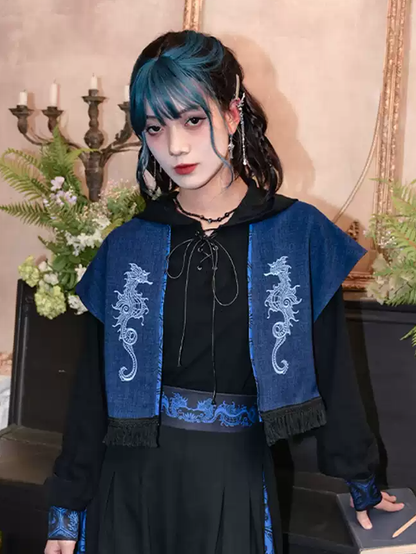 Seahorse Embroidery Tassel Hem Open Placket Blue Cheongsam Style Top