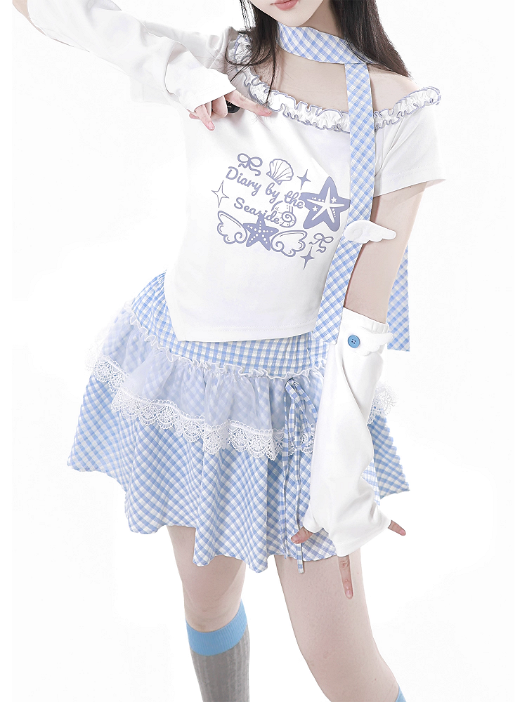 Pink/Baby Blue Starfish and Seashell Print Ruffled Asymmetrical Neckline T-shirt with Plaid Scarf