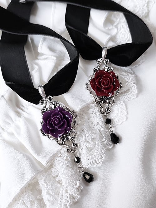 Purple/Wine Red Rosette Pendant Black Gothic Velvet Choker
