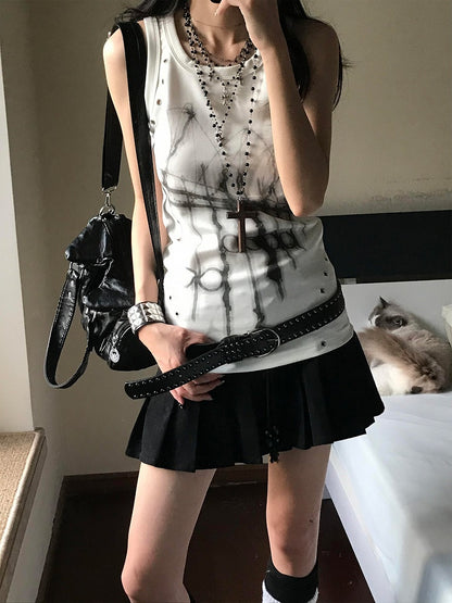 White Subcultural Print Sleeveless Top with Metal Eyelet Deocr