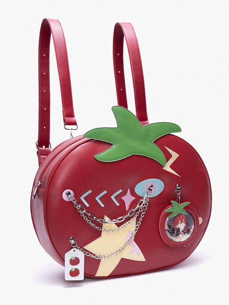2-Way Red Juicy Tomato Backpack With Star Patches And Chain Accents