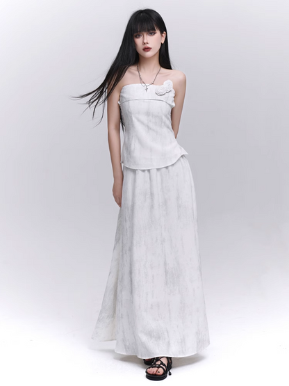 Off-white Floral Embellished Strapless Top / Elastic Waist Skirt
