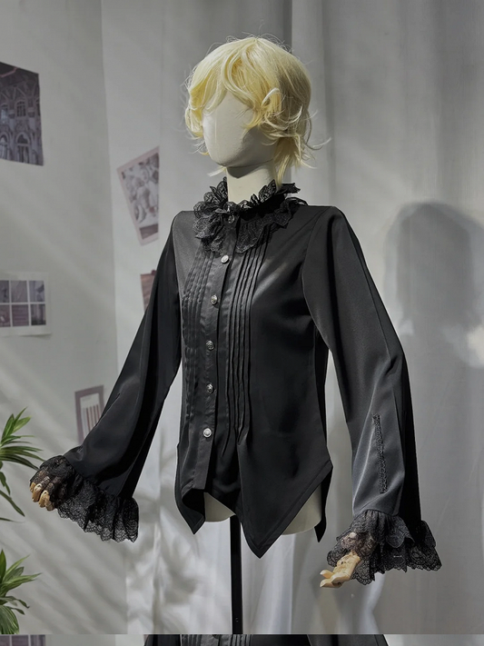 Black Ouji Lolita Ruffle Neckline Prince Style Long Sleeves Shirt