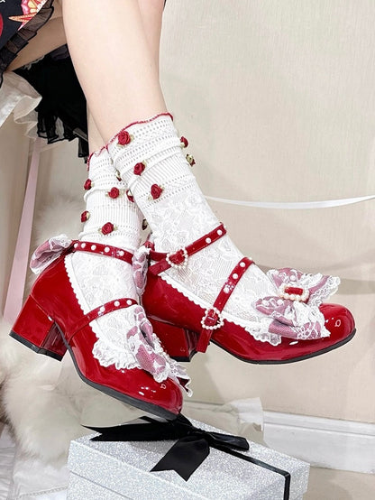Polished Red Detachable Rhinestone And Beaded Decorated Bowknot Lace Trim 4.5CM Block Heels Shoes