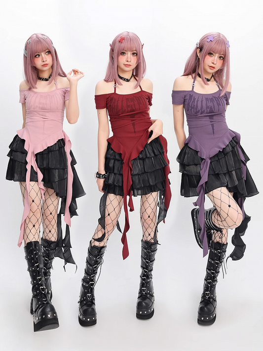 Y2K Red/Pink/Purple Cascading Ruffles Halter Neck T-shirt