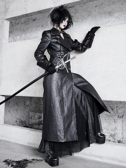 Black Goth Cracked Leather Trench Coat with Cozy Fleece Lining