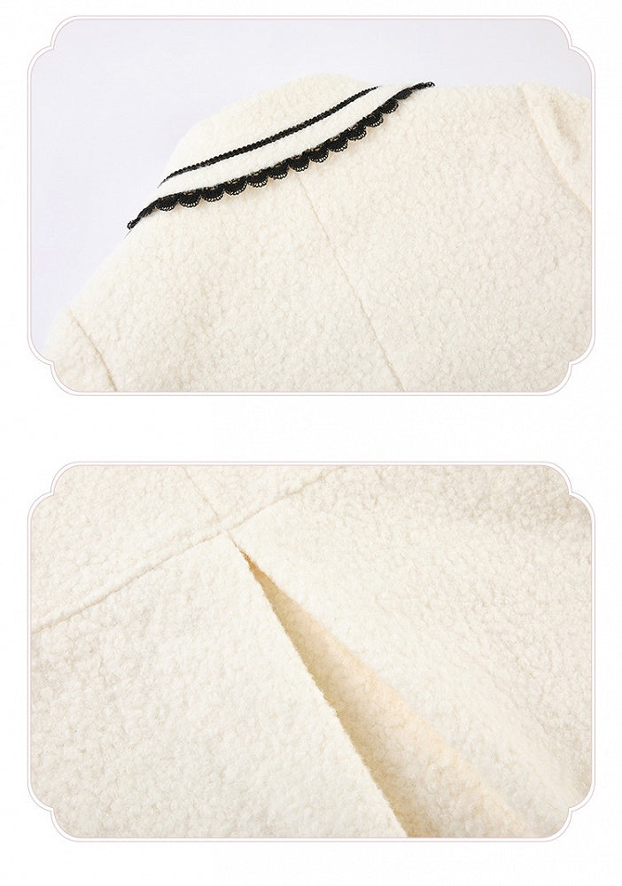 Heart-shaped Pockets White Woolen Coat with Black Embroidery Detail