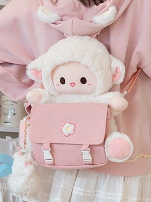 White Plush Lamb Backpack And Detachable Pink Canvas Bag Set