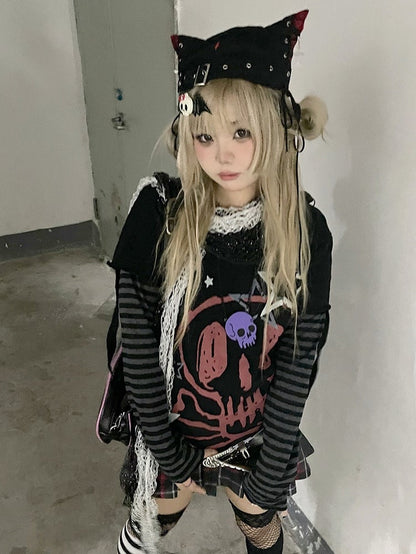 Skull and Stars Print Black Long Sleeves Top Fake Two-pieces