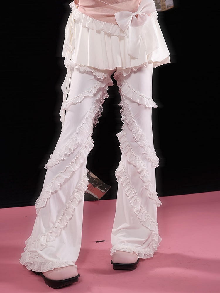 White Balletcore Lace Ruffles Pants + Self-tie Skirt Set