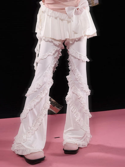 White Balletcore Lace Ruffles Pants + Self-tie Skirt Set