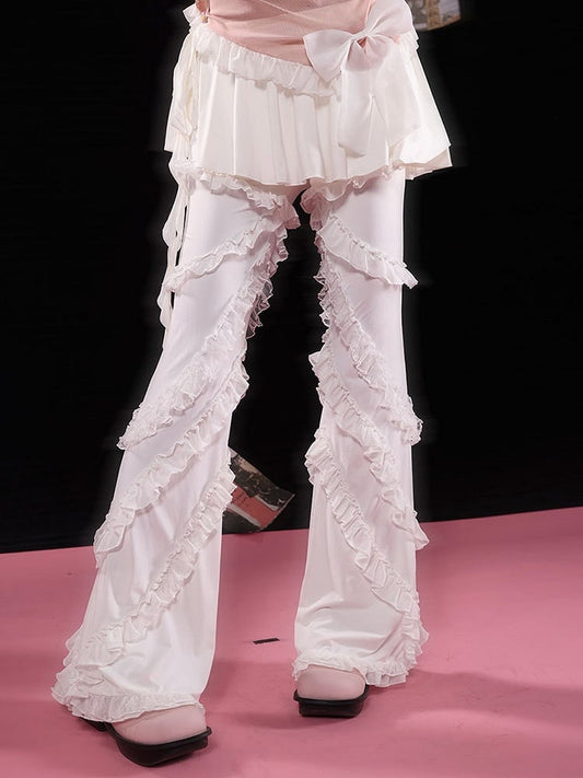 White Balletcore Lace Ruffles Pants + Self-tie Skirt Set