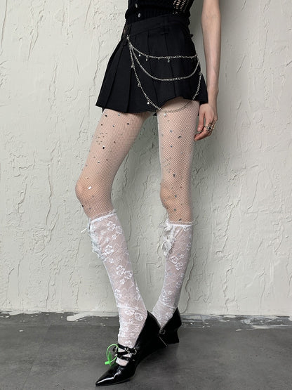 White Y2K Floral Pattern Bowknot Details Semi-sheer Underknee Stockings