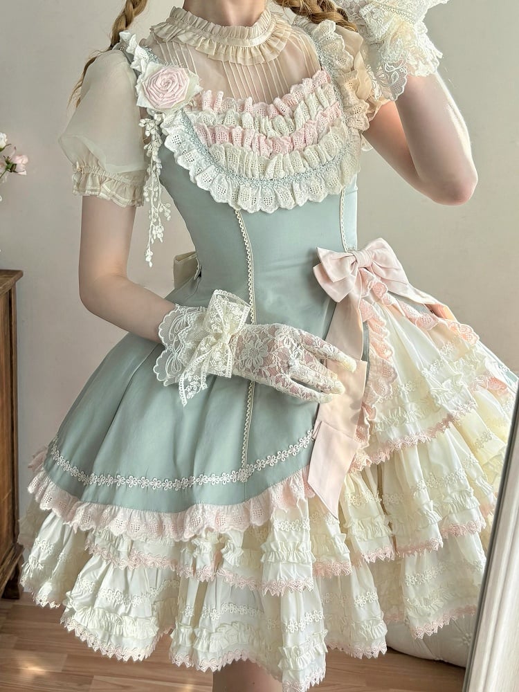 Clearance-Size L for Bust 86-94CM Pink and Green Slim Fit Waist Elegant Tiered Skirt Lolita Jumper Skirt