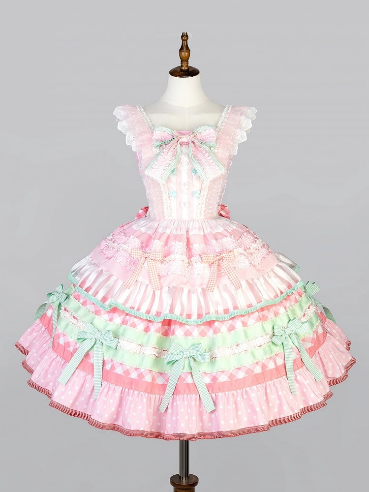 Pink and Green Watermelon Cake Bow Accents Tiered Skirt Sweet Lolita Dress