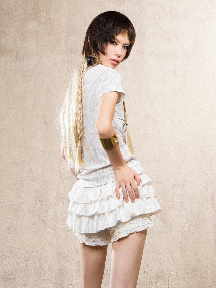 Gyaru Fashion Beige Punk Leopard Print Skort with Ruffle Layers & Elastic Waist